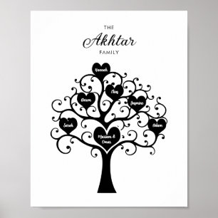 Affiche de l'arbre généalogique à cœurs noir et bl