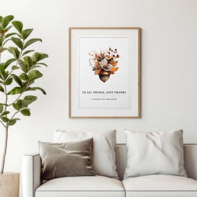 Affiche de l'automne blanc floral gland rustique (Rustic Acorn Floral wall art — a timeless reminder to live with gratitude every day.)