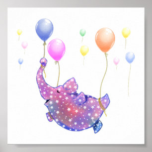 Affiche de l'éléphant volant avec des ballons colo
