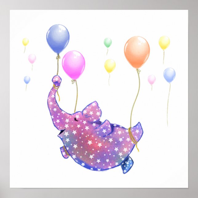 Affiche de l'éléphant volant avec des ballons colo (Devant)