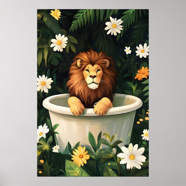 Affiche de lion dans la baignoire, Affiche drôle d (Devant)