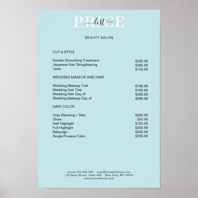 Affiche de liste de prix bleu Simpel (Devant)