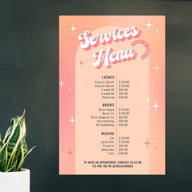 Affiche de liste de prix de salon de beauté rétro  (Retro groovy business price list design in pastel peach and pink hues )