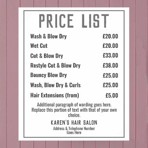 Affiche de liste de prix de salon de coiffure