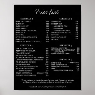 Affiche de liste de prix de salon, liste de prix m