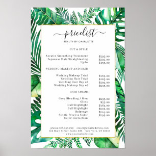 Affiche de liste de prix de salon tropical