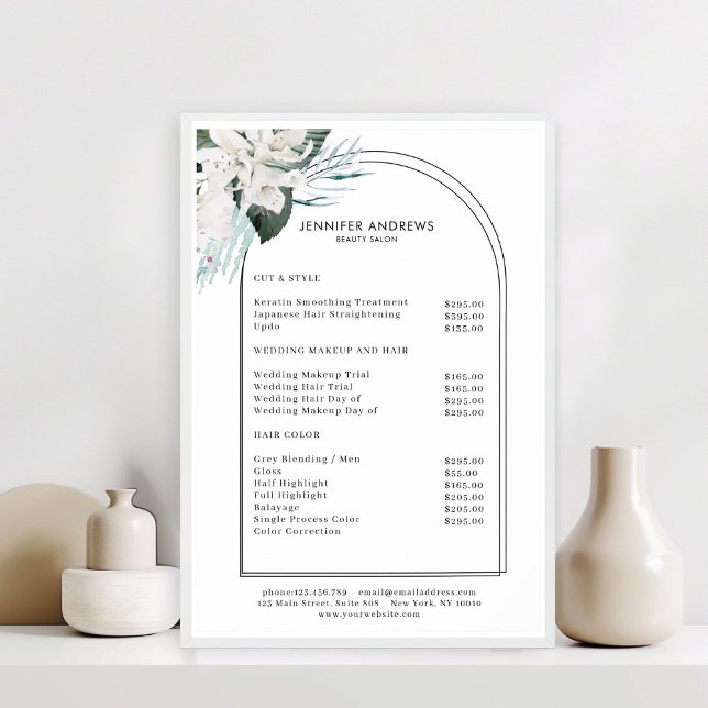 Affiche de liste de prix du salon de fleurs blanch (White Flowers Salon Price List Poster)