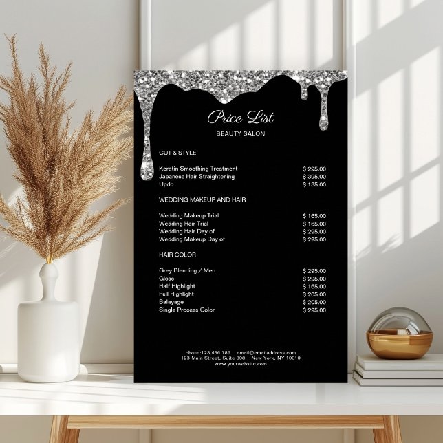 Affiche de liste de prix moderne argent noir paill (Modern Silver Black Glitter Pricelist Poster)