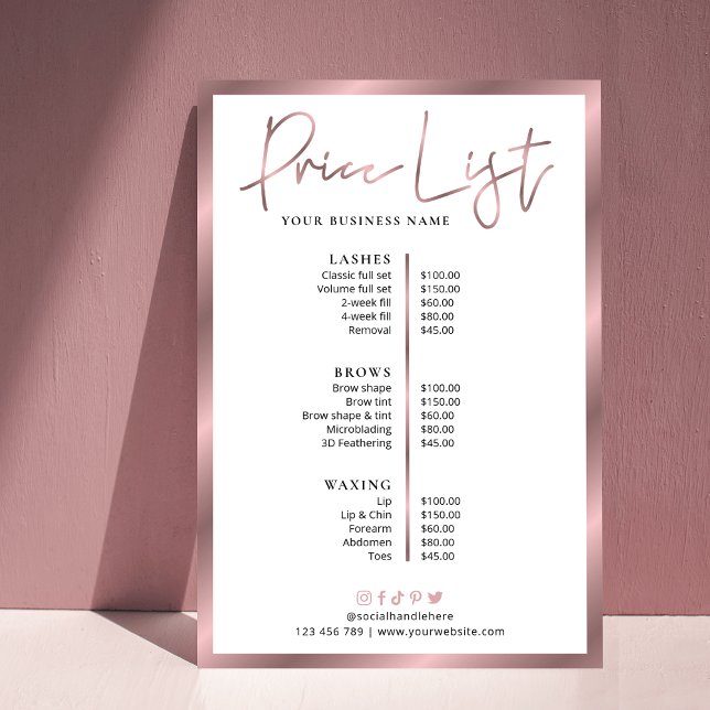 Affiche de liste de prix Rose Gold du Salon Elegan (Rose gold effect and white business price list, great for salons, spa, boutiques and more! )