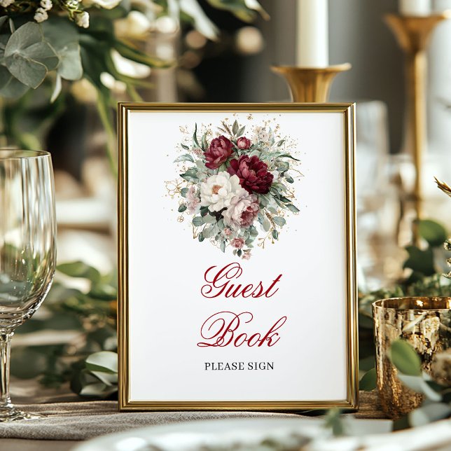 Affiche de livre d'or bordeaux Bohemian Blush (Bohemian Blush Burgundy Guest Book Poster)