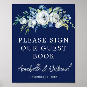 Affiche de livre d'or de mariage floral bleu marin