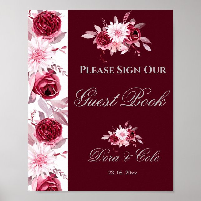 Affiche de livre d'or de mariage rose burgundy flo (Devant)