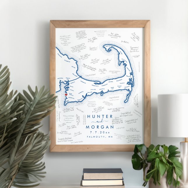 Affiche de livre d'or moderne bleu pour mariage à  (Falmouth MA Cape Cod Map Poster Modern Navy Blue Alternative Guest Book Poster by Coastal Map Design)