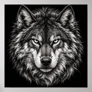 Affiche de loup alpha noir et blanc en esquisse
