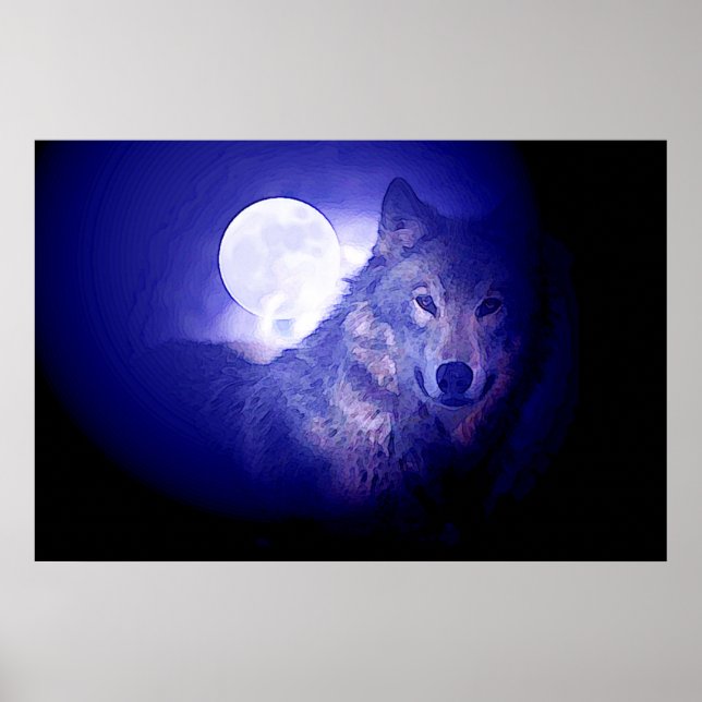 Affiche de loup gris et de lune - Loups de nuit bl (Devant)