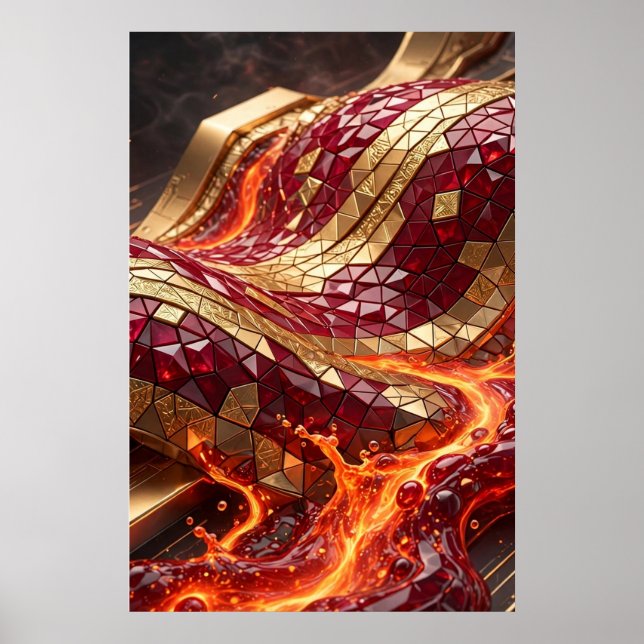 Affiche de luxe en mosaïque rouge or onde murale (Devant)