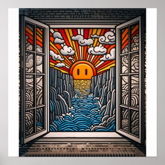 Affiche De ma fenêtre : Coucher de soleil et falaise 2 (Devant)