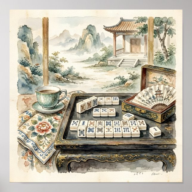 Affiche de Mahjong Chic Chinoiserie Aquarelle (Devant)