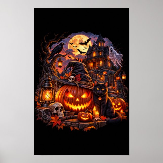 Affiche de maison hantée Halloween effrayante Chat (Devant)