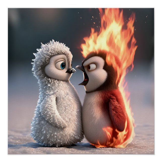 Affiche de manchot Amber & Frosty Fire and Ice (Devant)