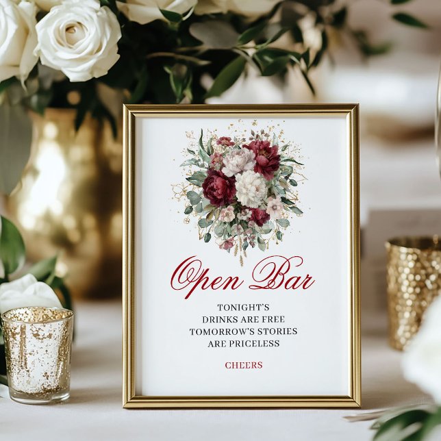 Affiche de mariage à bar ouvert Burgundy Blush bot (Botanical Blush Burgundy Open Bar Wedding Poster)