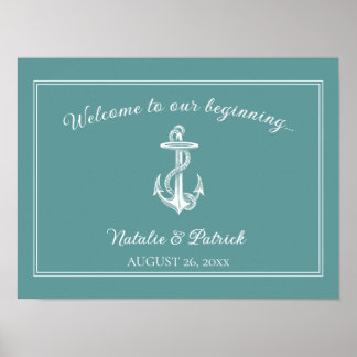 Affiche de mariage à l'ancre nautique sarcelle