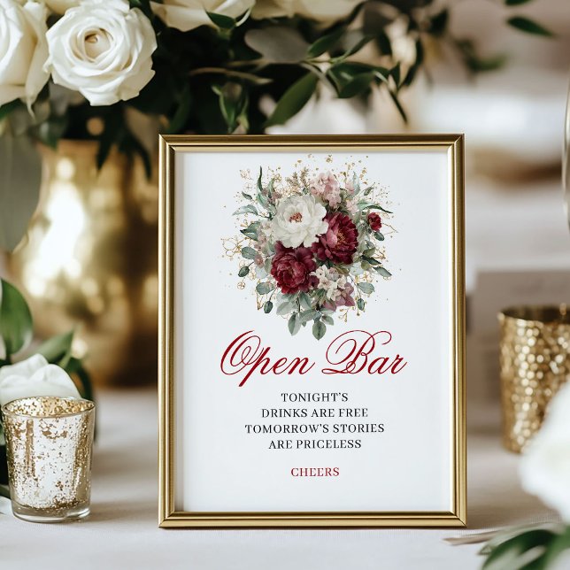 Affiche de mariage Burgundy Blush délicat pour bar (Delicate Blush Burgundy Open Bar Wedding Poster)