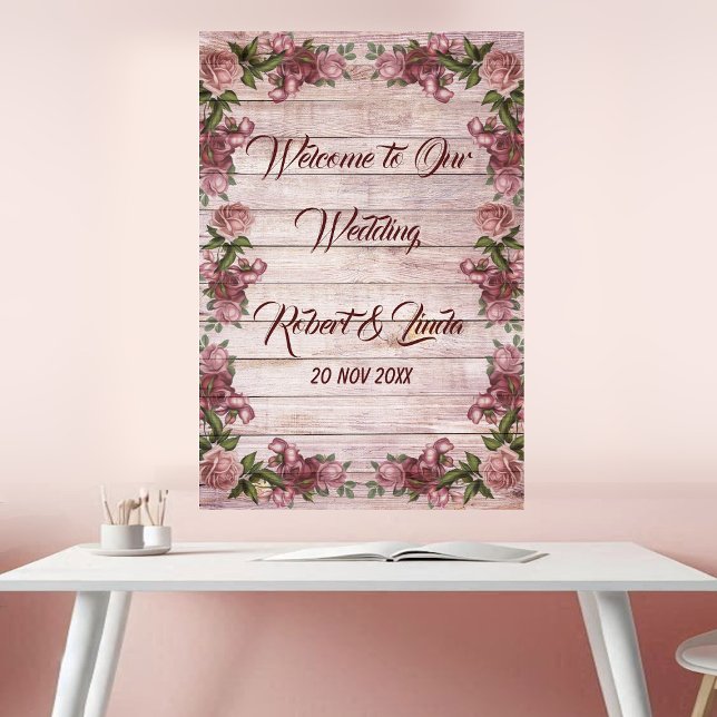 Affiche de mariage champêtre florale Rose bois rus (Rustic Woodland Rose Floral Country Wedding Poster)