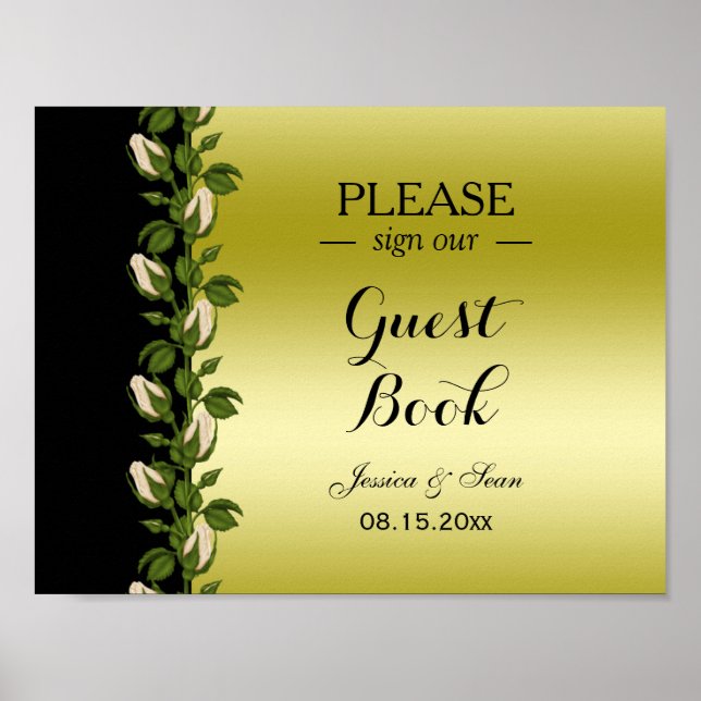 Affiche de mariage chic florale romantique or et n (Devant)