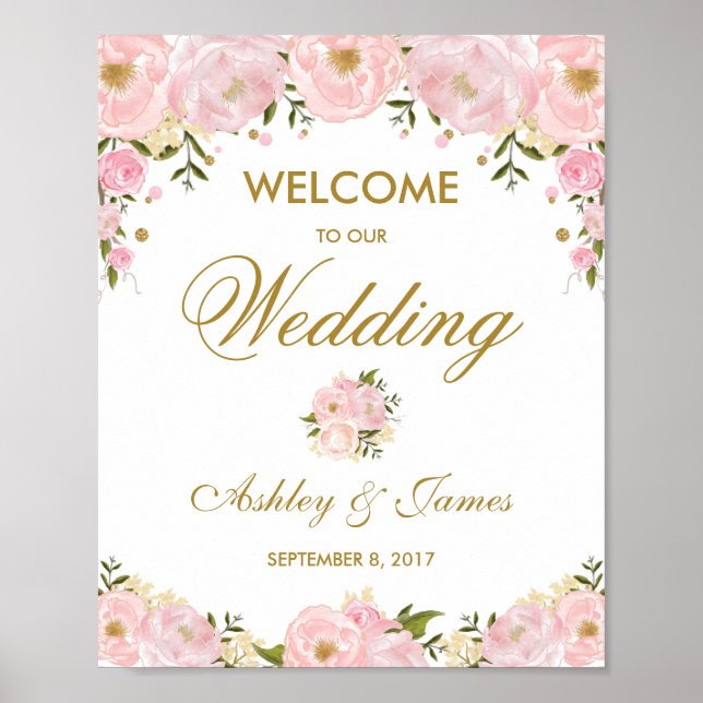 Affiche de mariage chic rose blush Fleurs Poster d (Devant)