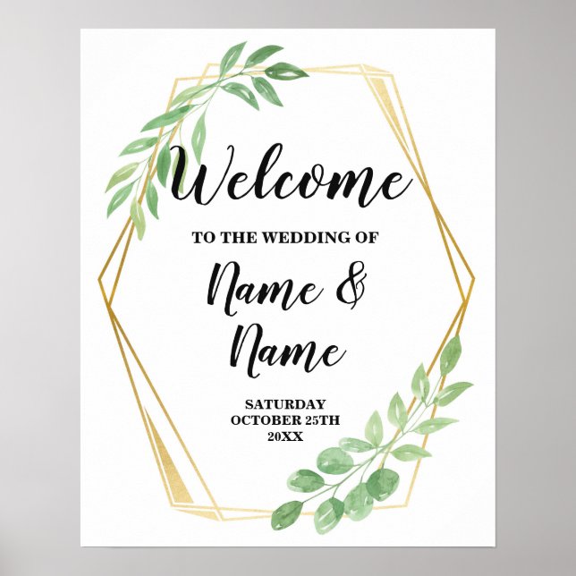 Affiche de mariage de bienvenue en or avec feuille (Devant)