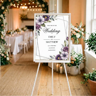 Affiche de mariage encadrée aux fleurs violettes