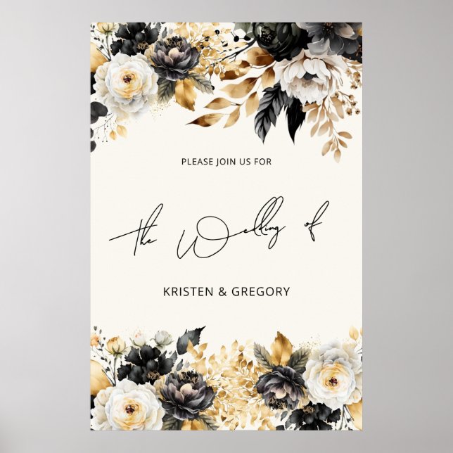 Affiche de mariage florale noire à l'aquarelle et  (Devant)