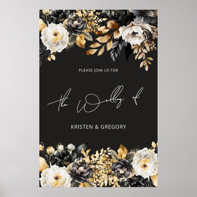 Affiche de mariage florale noire à l'aquarelle et  (Devant)