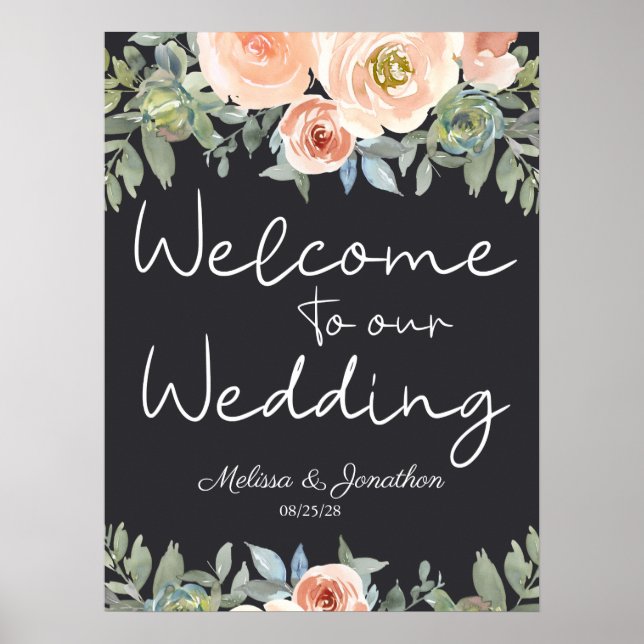 Affiche de mariage florale pastel vert pêche et ma (Devant)