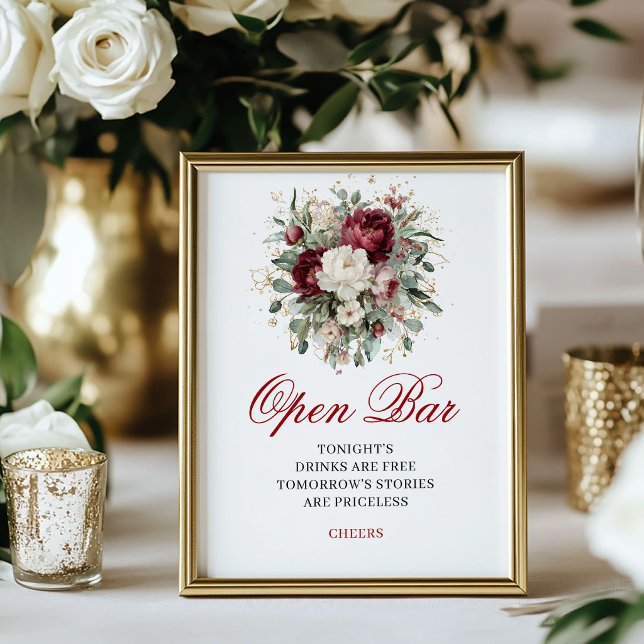 Affiche de mariage Glam Blush Burgundy Open Bar (Glam Blush Burgundy Open Bar Wedding Poster)