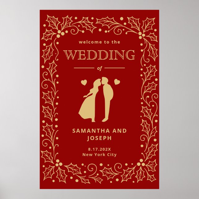 Affiche de mariage Luxe Rouge et Or Antique (Devant)