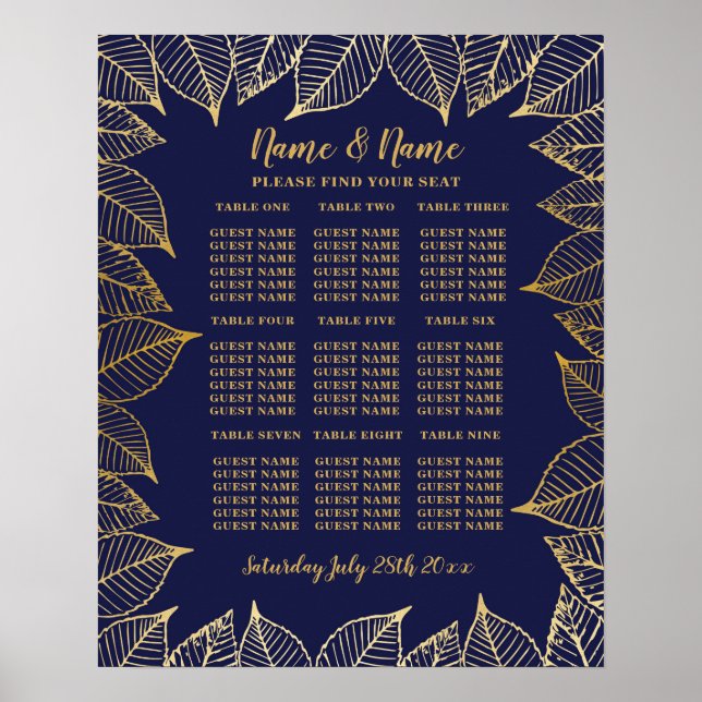 Affiche de mariage Table Assise Or 9 Plan de table (Devant)