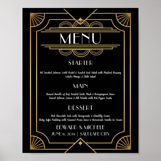 Affiche de menu Art Déco mariage hôtel (Devant)
