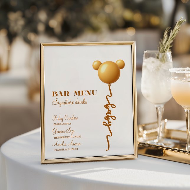 Affiche de menu de bar de ballon en or Teddy neutr (Créateur téléchargé)