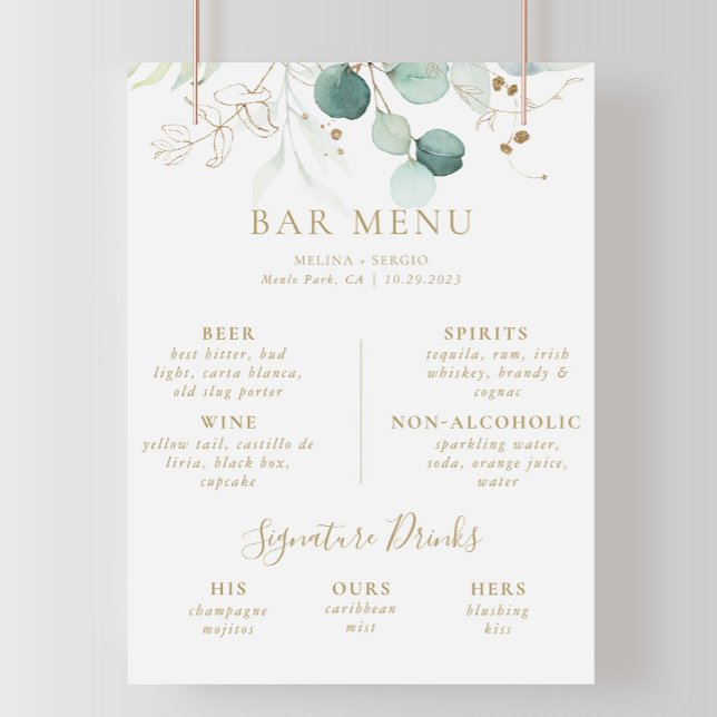 Affiche de menu de bar de mariage au eucalyptus ve (Créateur téléchargé)