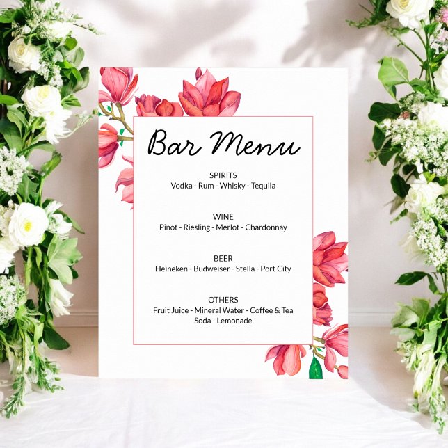 Affiche de menu de bar rose blanc floral (Créateur téléchargé)