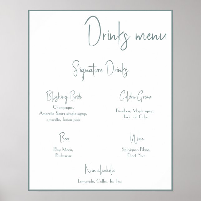 Affiche de menu de boissons de mariage modifiable (Devant)