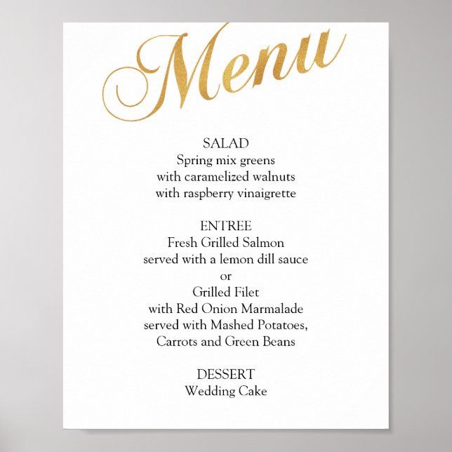 Affiche de menu de mariage en or. Menu de dîner él (Devant)