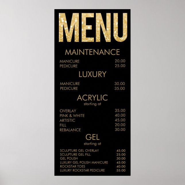 Affiche de menu pour salon de glitter noir et or (Devant)