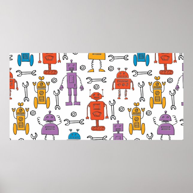 Affiche De mignons robots à doodle. Motif sans couture. Ch (Devant)