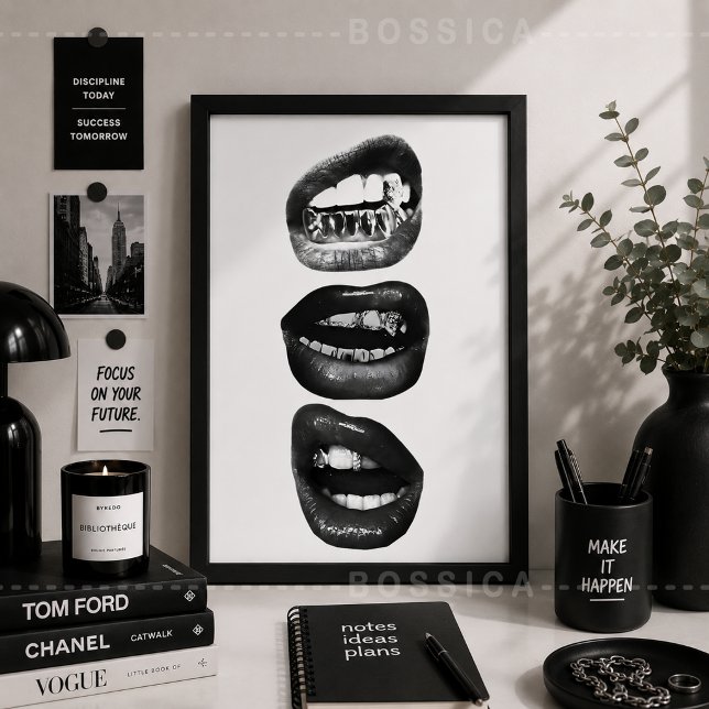 Affiche de mode Edgey Lips en noir et blanc Art mu (Edgy Black & White Lips Wall Art Poster | Fashion Grills Mouth Print | Modern Vogue Aesthetic)