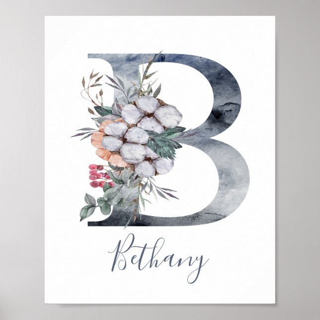 Affiche de monogramme à l'aquarelle florale bleue  (Devant)