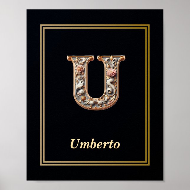 Affiche de monogramme de lettre U baroque de luxe  (Devant)