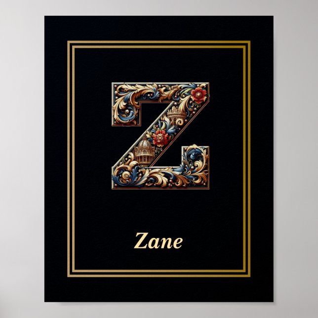 Affiche de monogramme de lettre Z baroque de luxe  (Devant)